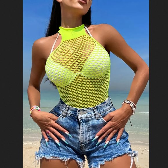 Swimwear Cover Up Mesh High-Stretch Bodysuit - Picture 1 of 6